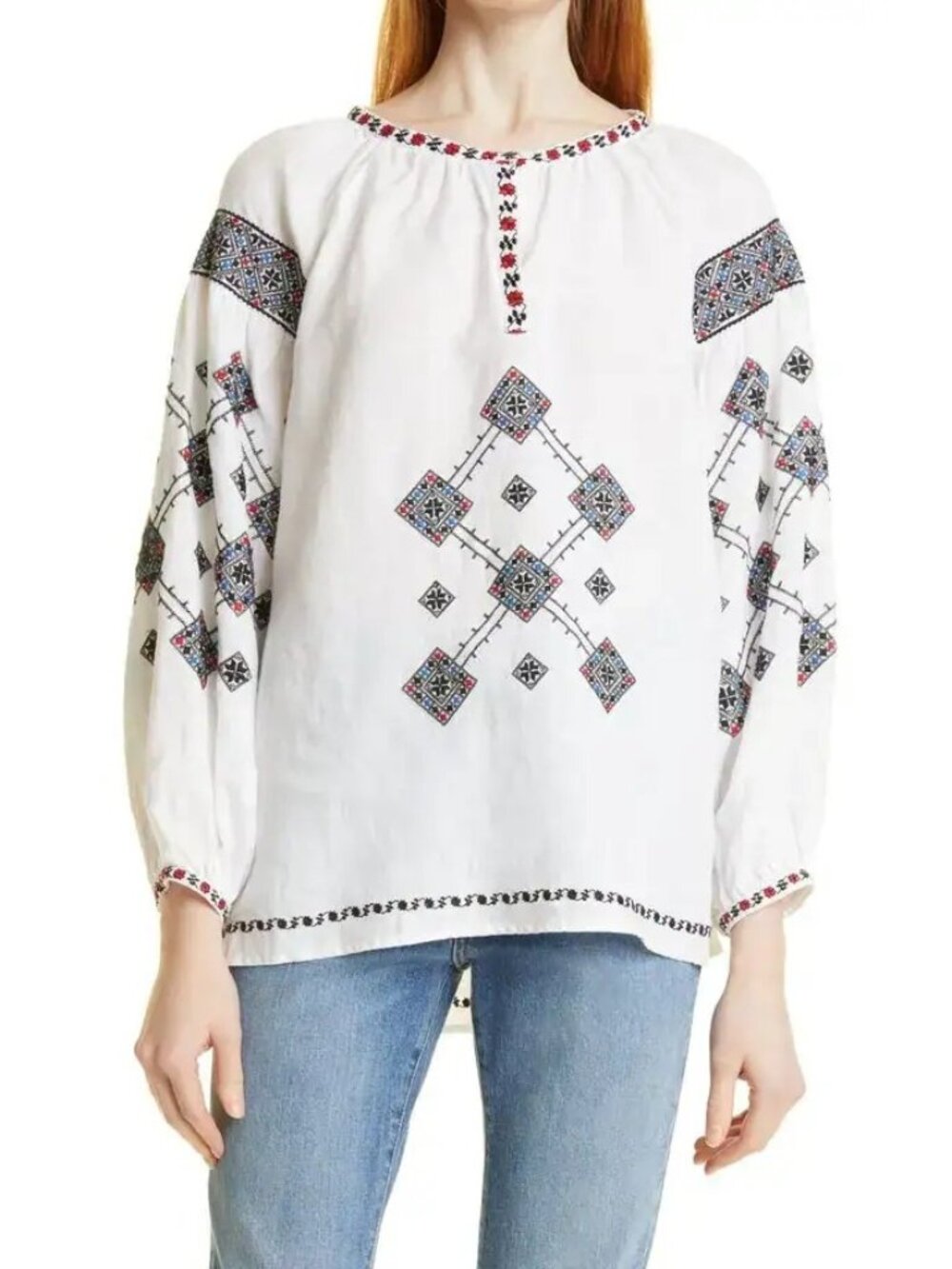 ALEX MILL Nadya Embroidered Linen Peasant Top Sz S
